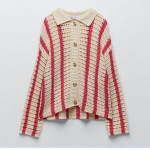 ZARA OPEN KNIT CARDIGAN COLLARED BUTTONS  SIZE L